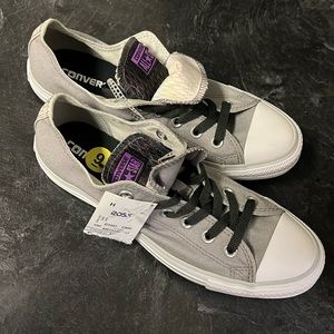 grey converse low top double tongue purple metallic